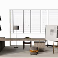 Modern Wooden Office Desk With Floor Lamp Chairs Flip Chart And Blinds
