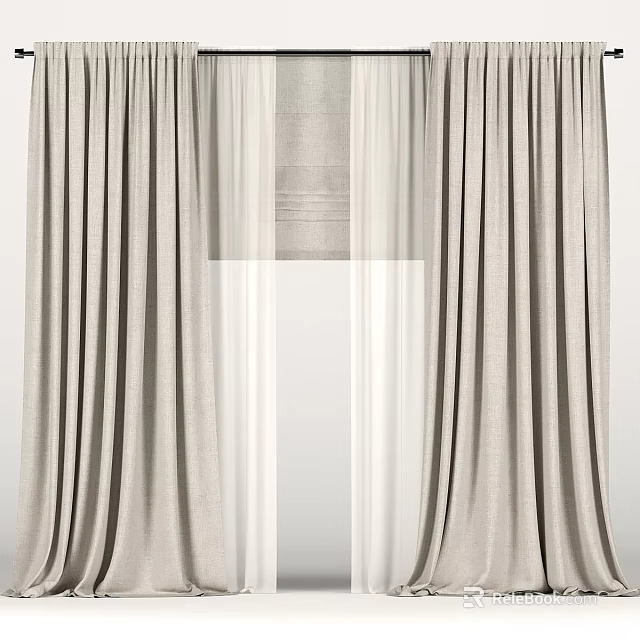 Elegant Beige Textured Curtains With Sheer Layers For Modern Home Interior 3d model 