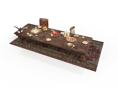 Wooden Dining Table Setup With Food Dishes Chairs And Traditional Patterned Rug 3d model