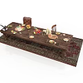 Wooden Dining Table Setup With Food Dishes Chairs And Traditional Patterned Rug