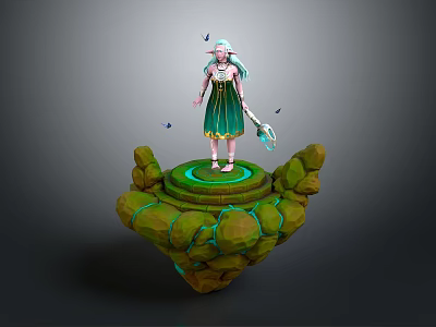 Light Blue Haired Female Character Standing On Green Rock Platform With Butterflies And Glowing Accents 3d model
