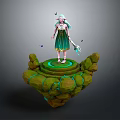 Light Blue Haired Female Character Standing On Green Rock Platform With Butterflies And Glowing Accents