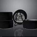 Car Tires Stacked With Metallic Wheel Rim On Dark Reflective Surface