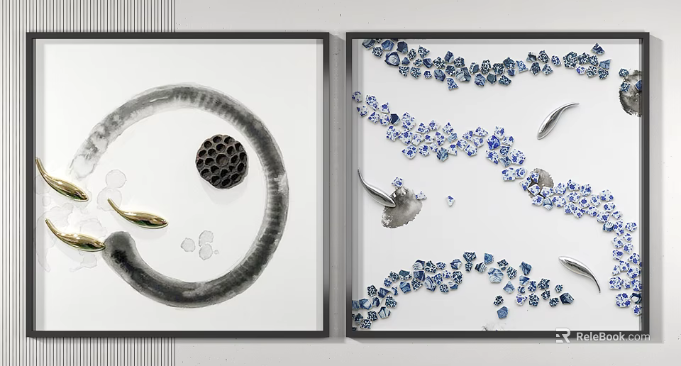Framed Artwork With Spiral Honeycomb Structure Gold Fish Blue Gemstone Fragments And Silver Shells 3d model 
