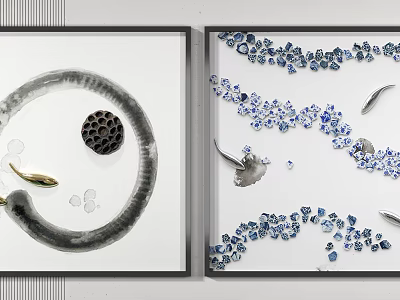 Framed Artwork With Spiral Honeycomb Structure Gold Fish Blue Gemstone Fragments And Silver Shells 3d model