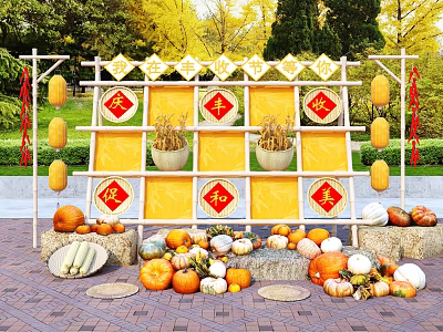 Harvest Themed Photo Taking Spot With Yellow Backdrop Red Chinese Characters Pumpkins And Green Trees 3d model