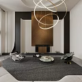Modern Living and Dining Room With Spiral Chandelier White Sofa Green Armchair Round Coffee Table