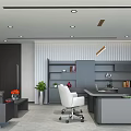 Modern Office Interior With Striped Walls Large Windows Desk Two Chairs And Grey Bookshelves