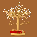 Decorative Wooden Tree With White Spherical Ornaments Golden Hanging Decorations And Gift Boxes At Base