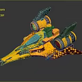 Yellow Futuristic Spaceship Model With Blue Accents And Dual Engines