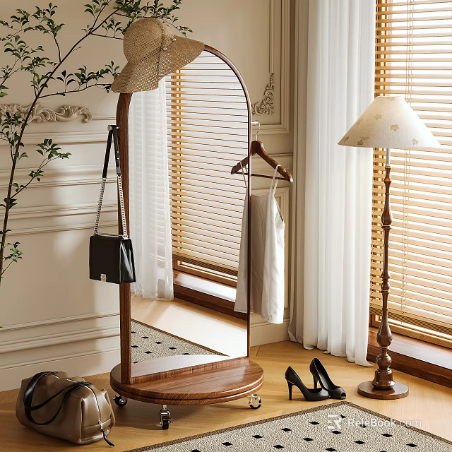 Arch Floor Mirror with Hanger Holding White Dress and Black Handbag Near Floor Lamp Blinds 3d model 