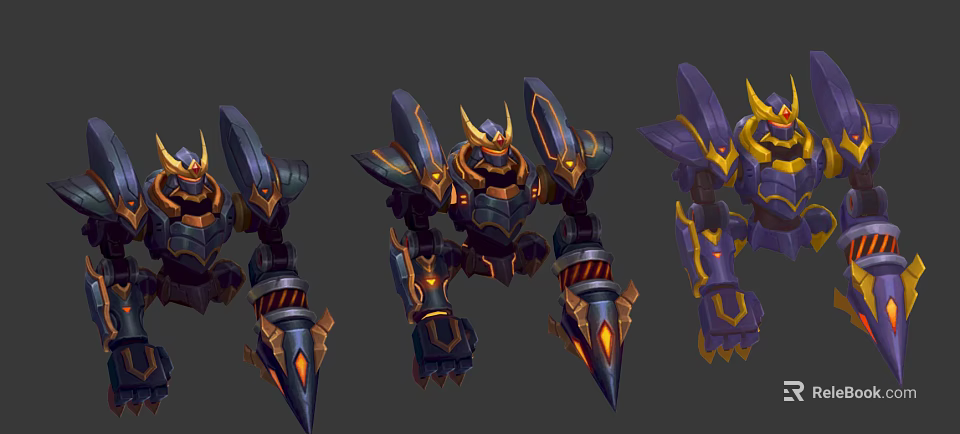 Game And Movie Robot Characters With Blue Gold Purple Armor And Spiked Design 3d model 