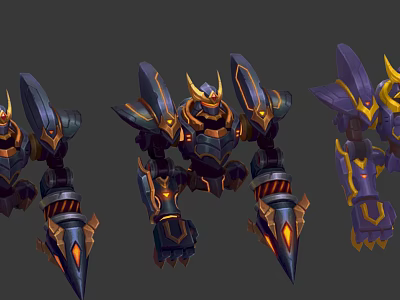 Game And Movie Robot Characters With Blue Gold Purple Armor And Spiked Design 3d model