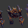 Game And Movie Robot Characters With Blue Gold Purple Armor And Spiked Design