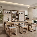 Traditional Tea Room Interior With Wooden Table Stools Tea Set Lattice Screen And Potted Plant