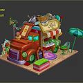 Cartoon Red Food Truck Serving Coffee With Umbrella And Plants