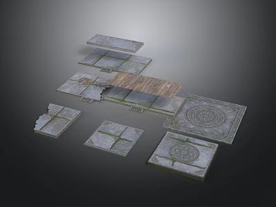 Decorative Square Stone Slab Components With Textured Surfaces Intricate Patterns And Wooden Plank 3d model