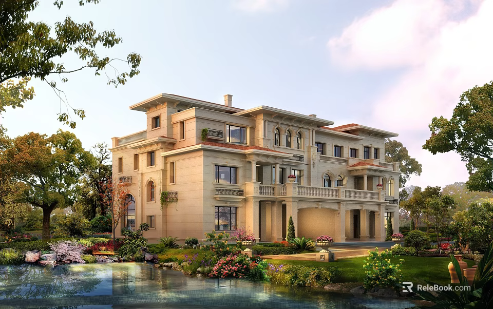Elegant Multi story Beige Detached Villa With Lush Garden Water Feature And Trees 3d model 