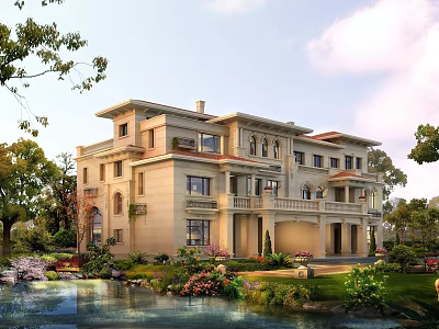 Elegant Multi story Beige Detached Villa With Lush Garden Water Feature And Trees 3d model
