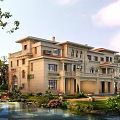 Elegant Multi story Beige Detached Villa With Lush Garden Water Feature And Trees