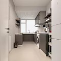 Modern Kitchen Interior With Gray Cabinets Shelves Washing Machine Range Hood And Refrigerator