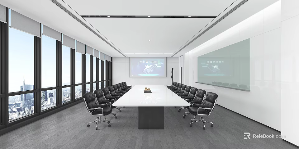 Modern Conference Room Interior With Long Table Black Office Chairs Large Windows And Whiteboard 3d model 