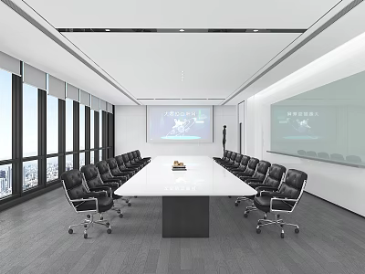 Modern Conference Room Interior With Long Table Black Office Chairs Large Windows And Whiteboard 3d model