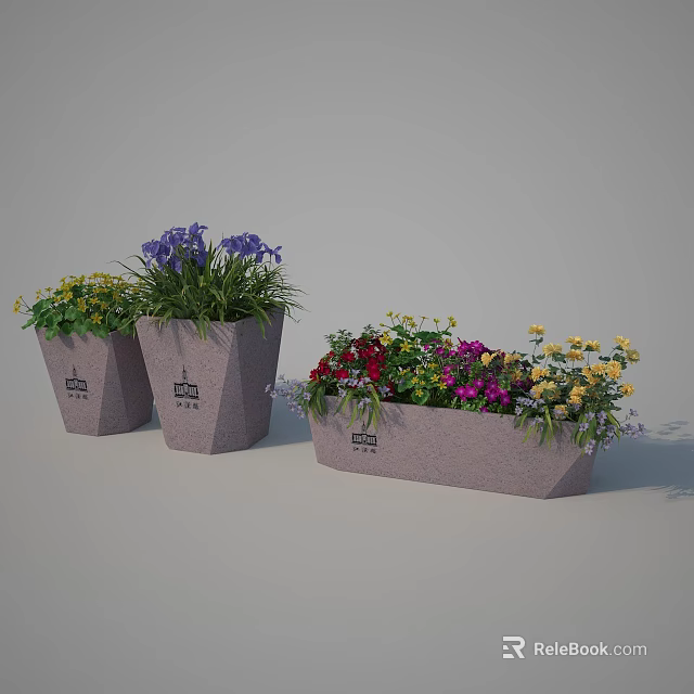 Modern Gray Garden Planters With Colorful Mixed Flowers And Green Foliage 3d model 