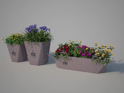Modern Gray Garden Planters With Colorful Mixed Flowers And Green Foliage 3d model