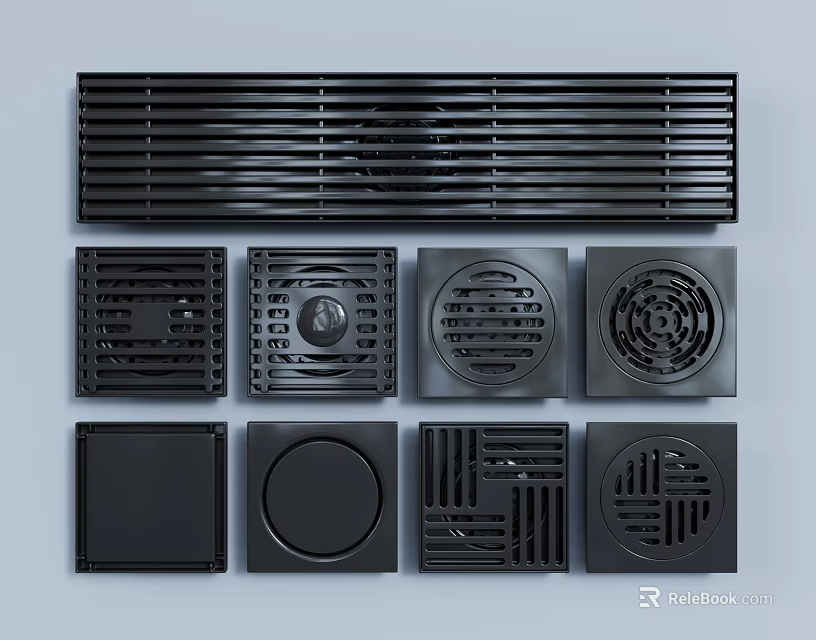 Modern Bathroom Accessories Black Floor Drains With Various Stylish Designs And Shapes 3d model 