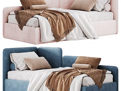 Modern Plush Upholstered Kids Bed With Cozy Bedding In Two Popular Colors Pink And Blue 3d model
