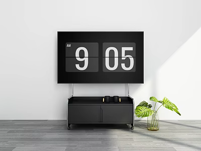 Large Digital Clock On White Wall With Black TV Stand And Green Plant In Vase 3d model