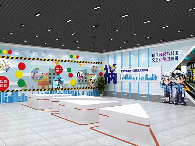 Safety Experience Hall With Safety Knowledge Posters Warning Signs And White Platforms 3d model
