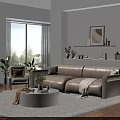 Bright Modern Living Room With Beige Sofa White Round Coffee Table And Decorative Plants 3d model