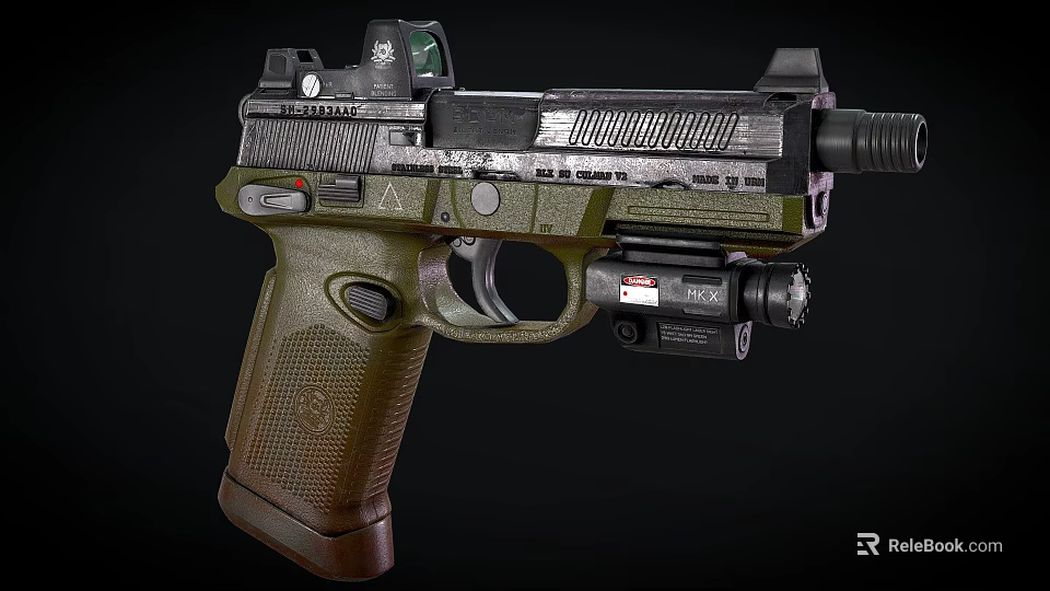 Tactical Pistol With Detailed Green Grip Top Mounted Sight And Tactical Flashlight Features 3d model 