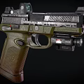 Tactical Pistol With Detailed Green Grip Top Mounted Sight And Tactical Flashlight Features