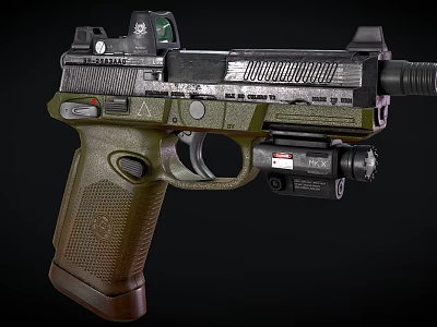 Tactical Pistol With Detailed Green Grip Top Mounted Sight And Tactical Flashlight Features 3d model