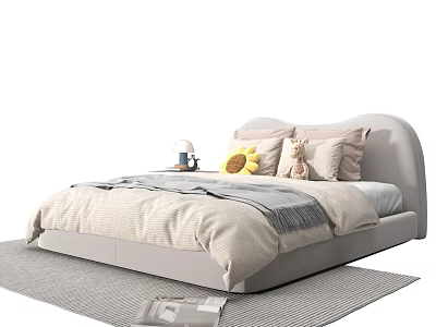 Comfortable Double Bed with Curved Headboard Sunflower Plush Teddy Bear and Soft Pillows 3d model