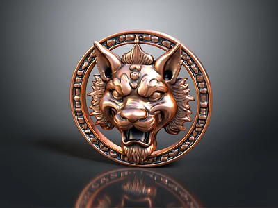 Scenic Landscape Featuring Bronze Circular Lion Head Badge With Reflection 3d model