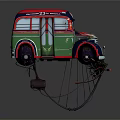 Vintage Bus Floating with Decorative Red and Green Body and Illuminated Lights on Support Structure