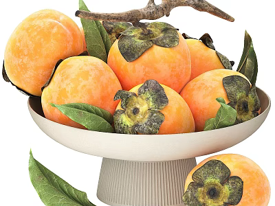 Fresh Ripe Persimmons in Ceramic Bowl with Green Leaves and Wooden Branch 3d model