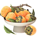 Fresh Ripe Persimmons in Ceramic Bowl with Green Leaves and Wooden Branch