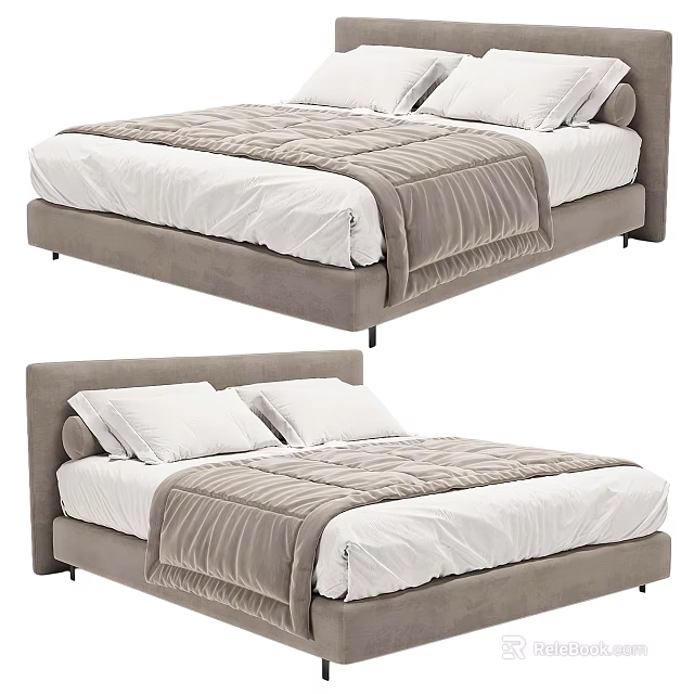 Modern Double Bed With Upholstered Headboard White Sheets And Gray Blanket 3d model 