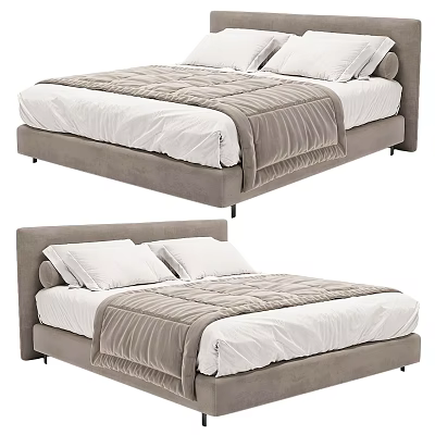 Modern Double Bed With Upholstered Headboard White Sheets And Gray Blanket 3d model