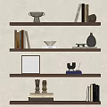 Stylish Wooden Wall Mounted Shelves With Books Decorative Vase Sculptures And Picture Frame