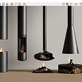 Various Modern Fireplace Designs in Interior with Burning Fire and Tools Set 3d model