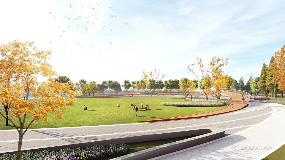 Modern Pedestrian Bridge Design In Urban Park With Green Landscape And Walkway 3d model 