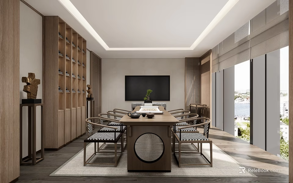 Modern Teahouse Interior With Wooden Furniture Large Windows Round Table And Chairs 3d model 