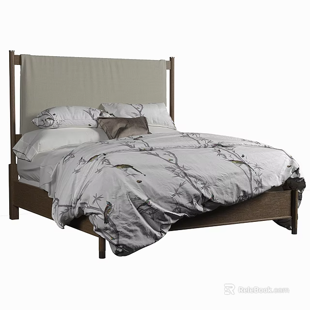 Neutral Tones Wooden Frame Double Bed With Upholstered Headboard And Bird Tree Branch Pattern Bedding 3d model 