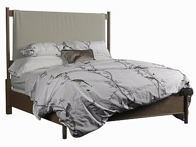 Neutral Tones Wooden Frame Double Bed With Upholstered Headboard And Bird Tree Branch Pattern Bedding 3d model